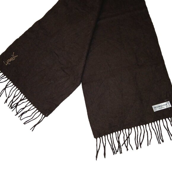 Yves Saint Laurent YSL Brown Tan Embroidered Wool Fringed Scarf Pre-Owned - Picture 4 of 8